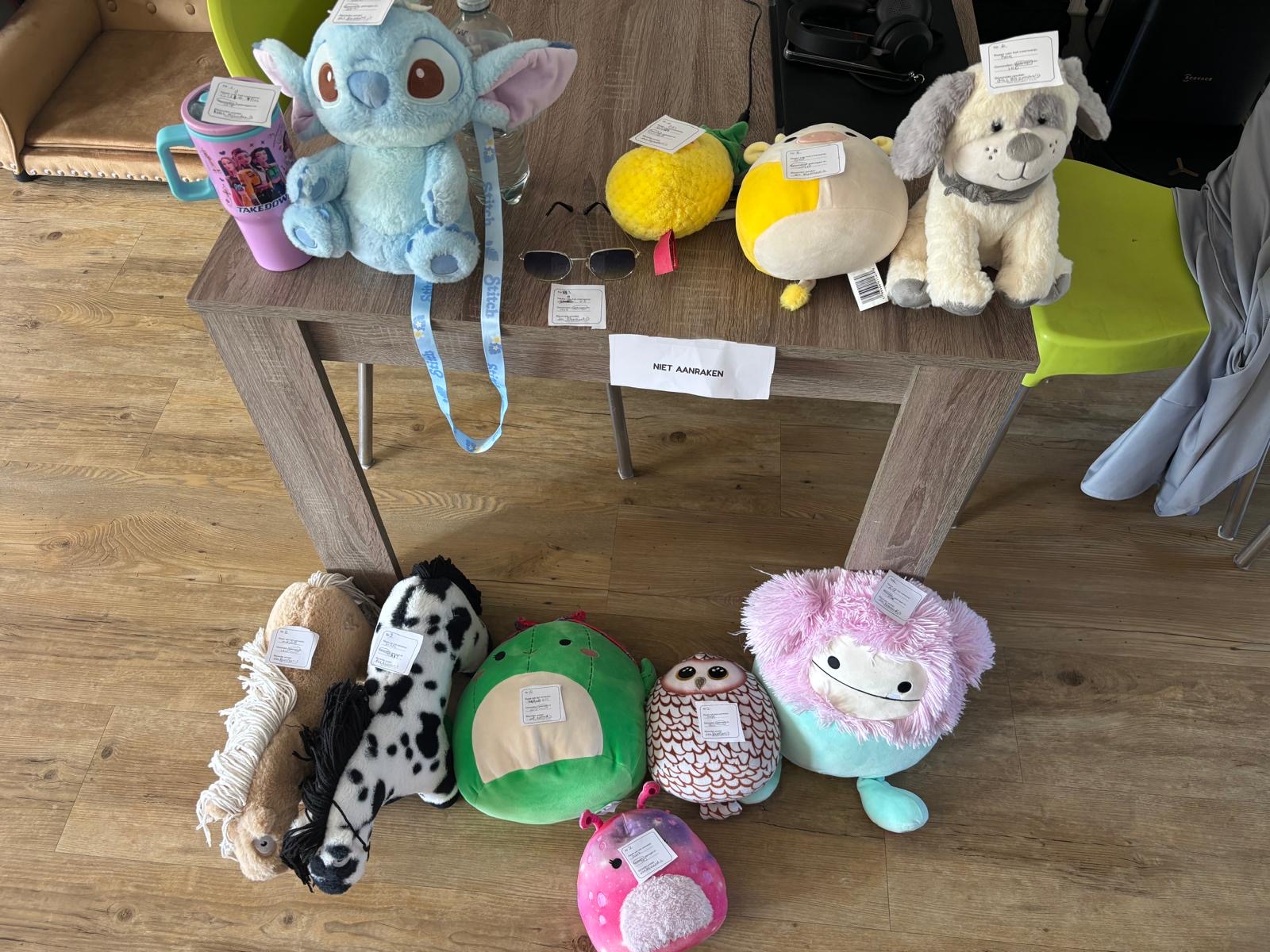 Het zelfgemaakte knuffelmuseum van Noa met bordjes